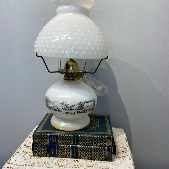 Currier And Ives Milk Glass Oil Lamp With Hobnail Shade Farm Scene Vintage - Picture 9 of 13